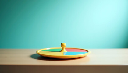  colorful game spinner with central yellow handle; divided round disc for play or selection