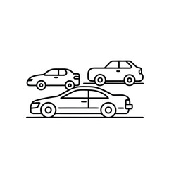 Three cars lined up on a road 
A simple black and white line drawing shows three cars parked side by side on a road. The cars are depicted from a side view.