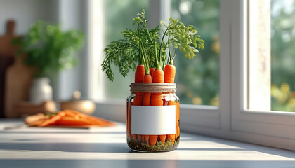 Glass jar filled with whole carrots and green tops in brine on sunny windowsill in home kitchen..