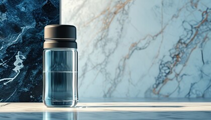 Stylish tall water bottle on elegant marble surface with copy space