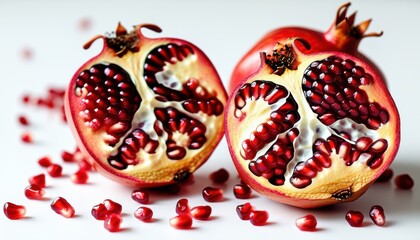 Fresh pomegranate cut in half revealing juicy seeds for healthy eating and nutrition concepts