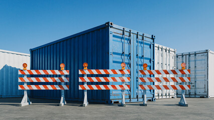 Trade Barrier Concept with Blocked Shipping Containers. 3d rendering