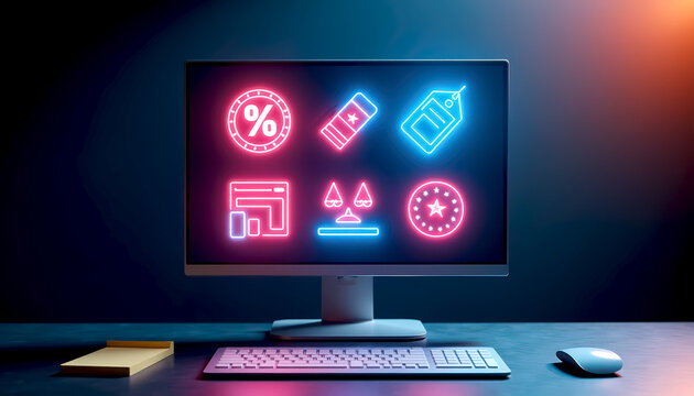 Neon glowing digital icons on desktop monitor with gaming and technology symbols set against dark backdrop with copy space