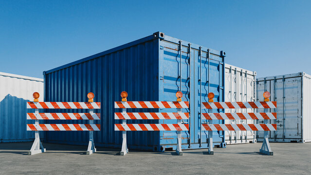 Trade Barrier Concept with Blocked Shipping Containers. 3d rendering