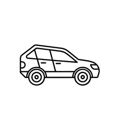 Simple line art icon of a modern suv  
A minimalist black and white line drawing of a contemporary SUV viewed from the side, showcasing its silhouette and basic features.