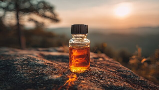 Amber liquid in small glass bottle resting on a rock at sunset - Powered by Adobe