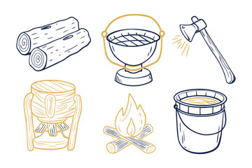 Camping essentials: A collection of illustrated camping essentials arranged artfully against a clean backdrop, including a glowing campfire, wood, tools