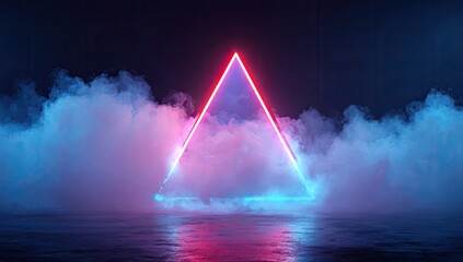 Neon triangle in smoky, reflective environment