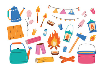 Campfire Essentials Collection: A whimsical assortment of camping essentials, artfully arranged to evoke the warmth and spirit of outdoor adventures. 