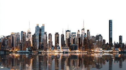 Obraz premium Panoramic view of a city skyline at night, reflecting in the water