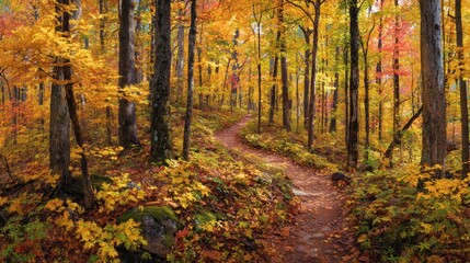 Fototapeta premium Serene forest scene featuring a winding dirt path amidst trees ablaze with vibrant autumn foliage