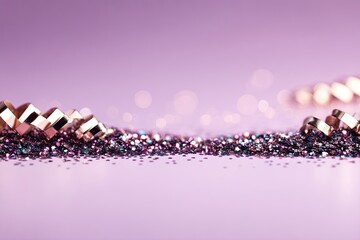 Rose gold and iridescent glitter on a lilac surface