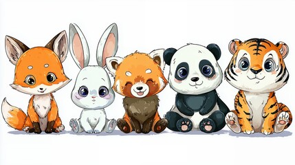 Obraz premium Cute Cartoon Animals: A delightful ensemble of cartoon animals, with a playful and endearing fox, rabbit, red panda, panda and tiger.