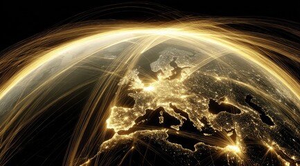 European continent at night, highlighted by golden light streaks