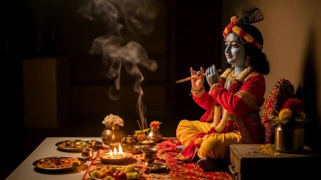 Serene Lord Krishna Plays Flute Amidst Sacred Offerings and Incense Smoke