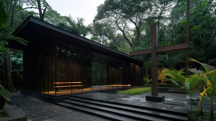 Fototapeta premium A modern, dark building nestled within a lush, tropical forest, featuring a prominent cross sculpture and a serene, minimalist interior.