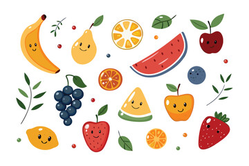 Cheerful Fruit Assortment: A vibrant collection of smiling fruits, including a banana, pear, oranges, watermelon, grapes, apple, lemon and strawberry creating a playful and healthy atmosphere.