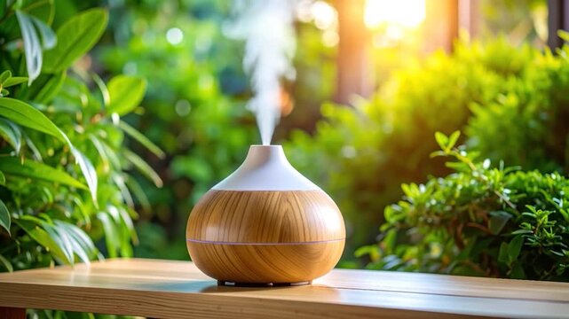 Wooden aroma diffuser emits mist on a table