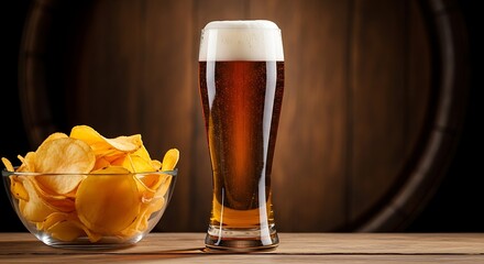 Tall glass of amber beer with frothy head next to bowl of potato chips