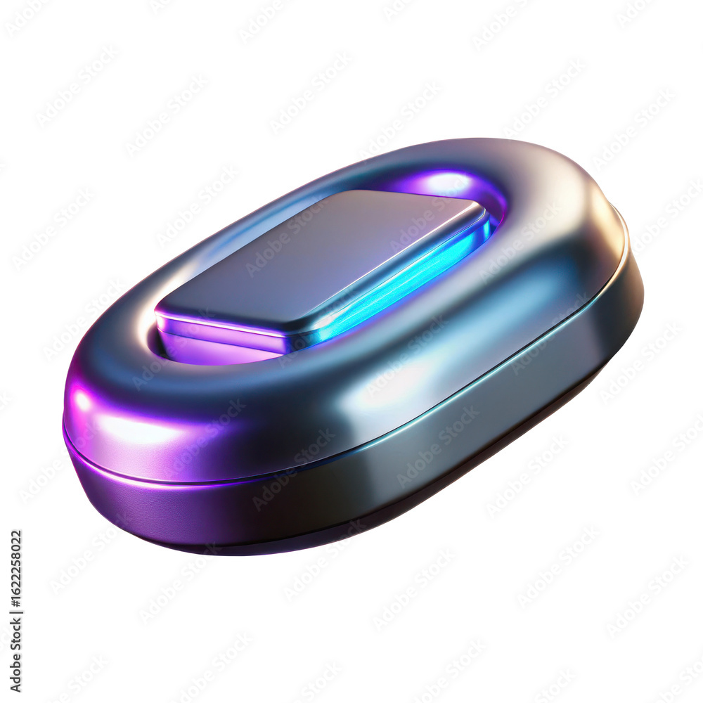 Poster futuristic glowing button design for ui ux interface with neon light and metallic texture style conc