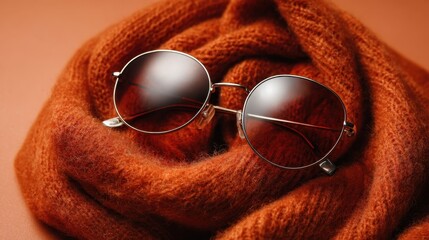 Stylish Advertising Portrait Featuring Trendy Sunglasses and Elegant Scarf for Fashion-forward Accessories Promotion