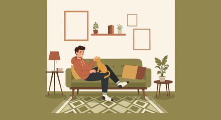 Casual Afternoon Relaxing At Home With A Cat On The Sofa