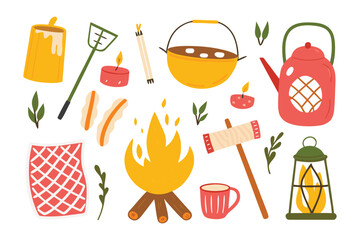 Camping Essentials: Illustration of a collection of camping equipment. Featuring bonfire and cooking tools in a charming illustration.