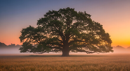 Ancient Lone Oak Tree Standing Tall in Golden Field During Magical Sunrise With Mist Floating Across the Ground