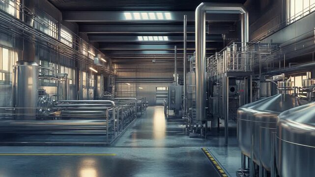 Modern food processing plant showing industrial equipment and pipes
