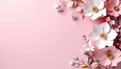 Obraz premium Floral arrangement inspiration studio decorative paper art soft pink background top-down view nature aesthetics for home decor