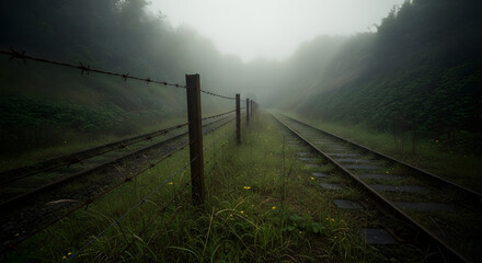 Barbwire Border Running Along Abandoned Railway Track With Overgrown Grass, Fog, and Distant Tunnel Entrance in Moody Morning Light