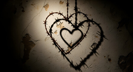 Barbwire Border Shaped Like a Heart Hanging on Wall With Shadows Cast on White Textured Surface in Artistic Concept