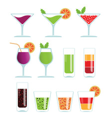 Cocktail and Juice Glasses with Garnishes and Fruits – Isolated on Transparent Background