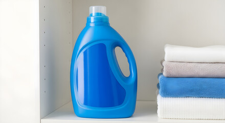 Bright Blue One-Gallon Detergent Bottle With Handle and Label Sitting on Laundry Room Shelf With Folded Towels Nearby