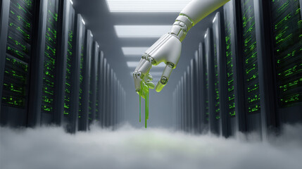Robotic hand with green liquid dripping inside futuristic data center filled with server racks and misty floor atmosphere
