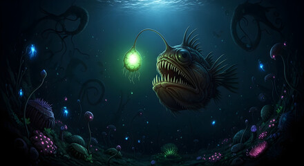 Colossal Deep Sea Anglerfish Glowing in Darkness With Bioluminescent Lure and Other Strange Creatures in Pitch Black Background