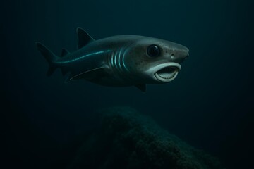 Fototapeta premium Shark Glowing Underwater in Deep Ocean 
