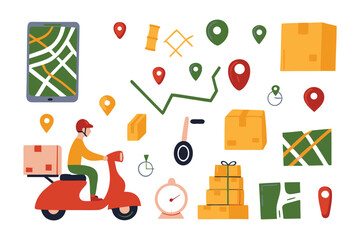 Delivery Iconography: An illustrative assortment of delivery-related elements including packages, gps, and transportation elements, all presented in a stylish flat vector style.