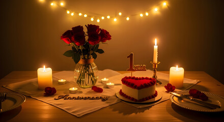 Elegant One Year Anniversary Setup With Candlelight, Roses, and Cake on Wooden Table Under Warm Fairy Lights at Night