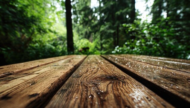 Wooden picnic table in a lush forest. Rain drops on the planks