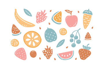 Colorful Fruits Illustration: An artistic depiction of a selection of colorful fruits arranged in a playful and eye-catching composition, celebrating freshness and vitality.