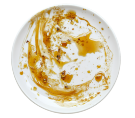 Empty white plate with sauce residue after enjoying delicious meal on transparent background