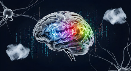 Glass Brain Concept Showing Transparent Layers With Color-Coded Regions Floating in Air, Surrounded by Data Particles and Code Fragments