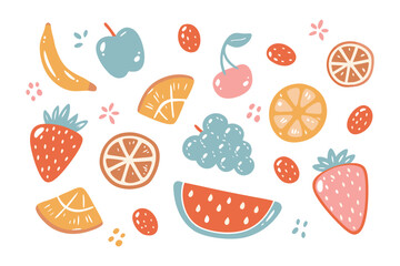 Vibrant Fruits Galore: A delightful array of illustrated fruits, including juicy strawberries, ripe bananas, and luscious grapes.