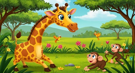 Fototapeta premium Mother and baby giraffe in forest
