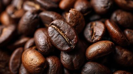 Fototapeta premium Close-up view of roasted coffee beans showcasing their rich texture and color variations