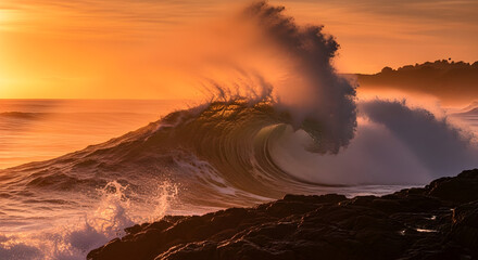 Massive Ocean Wave Crashing Onto Rocky Shoreline During Fiery Sunset With Splashes Illuminated in Vibrant Orange Light