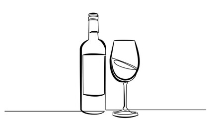 Continuous Line Drawing of Wine Bottle and Wine Glass Black Sketch on White Background. Wine Drink Concept Simple One Line Drawing. Minimal Hand Draw Illustration for Cafe, Party, Holiday, Invitation.