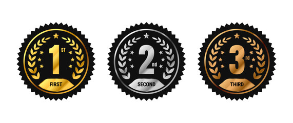 1st, 2nd, 3rd awards medal vector. Black, gold, silver and bronze color. First, Second, Third place badges with laurel wreath. Isolated on white background