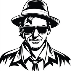 A sharply dressed man wears sunglasses and a fedora, standing in stark black and white